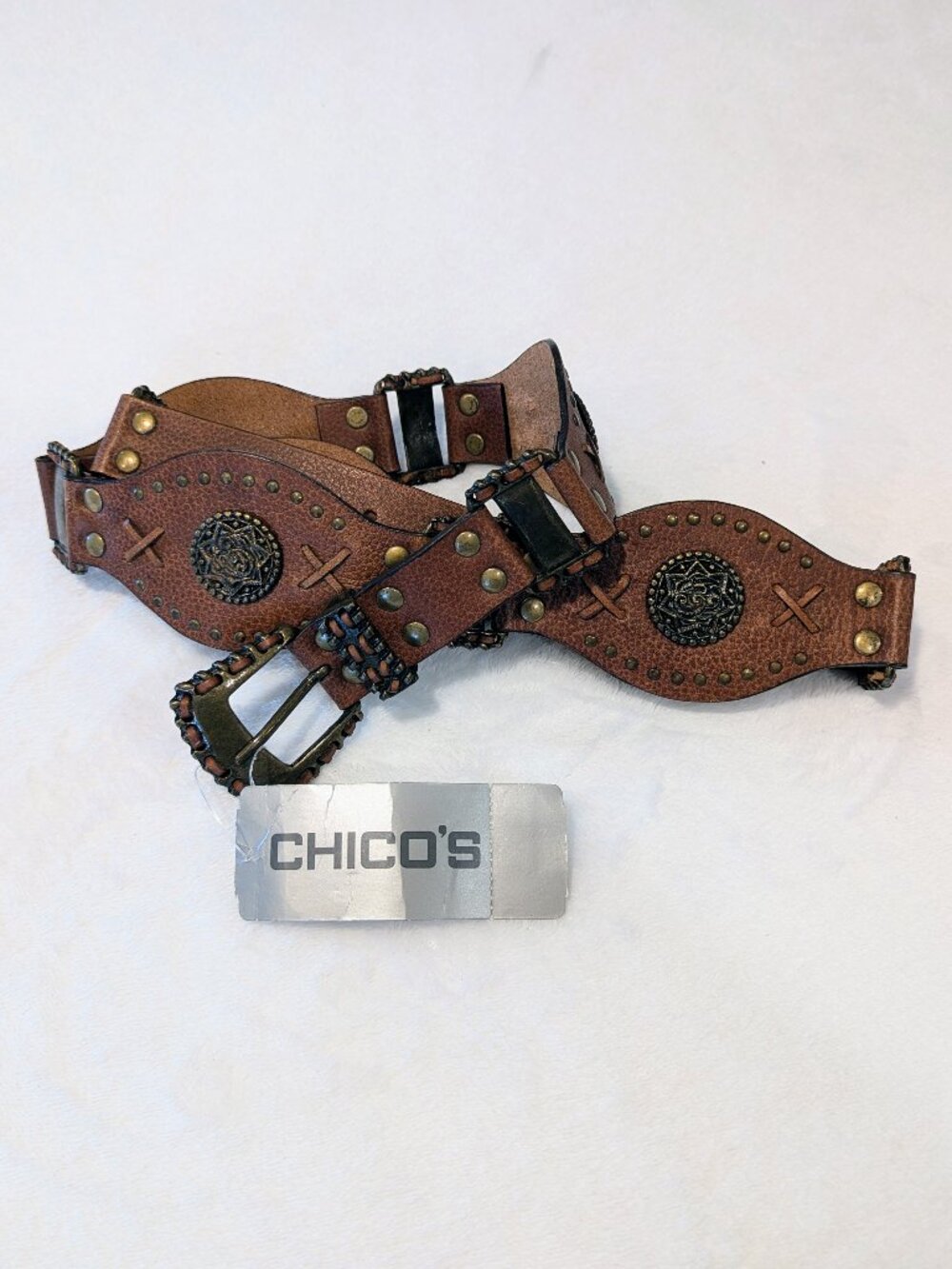CHICO'S Leather Studded & Woven Medallion Belt L Tacoma Trouser Belt Brown